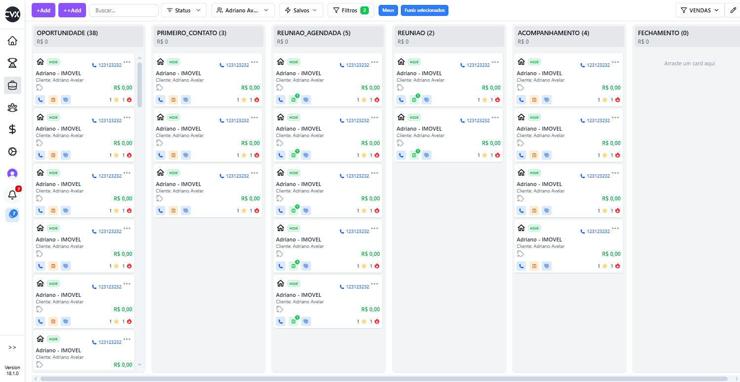 Pipeline visual do ConVex CRM com drag and drop