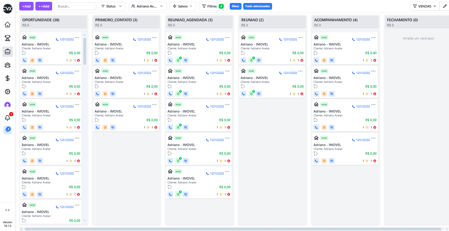 Dashboard ConVex - Funil visual com drag & drop, métricas em tempo real e visão completa do pipeline